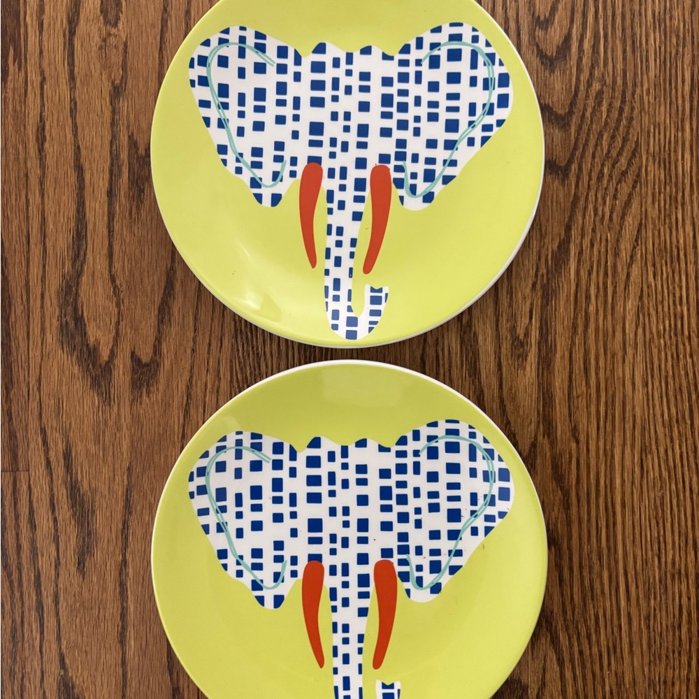 Pair of Coton Colors blue and white  chartreuse Decorative elephant Plates